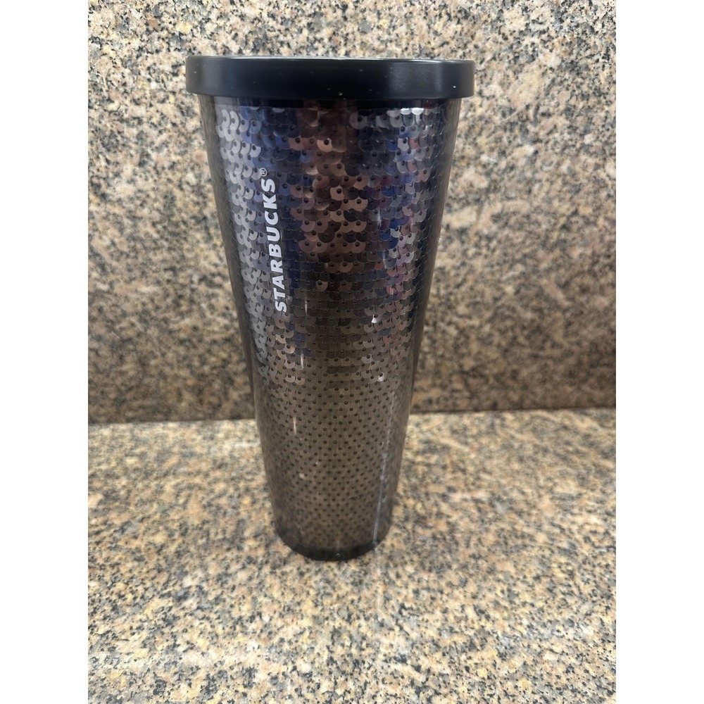 Starbucks Black Gray Sequin Dotted Reusable Cold Cup Tumbler‎ with Lid 24oz
